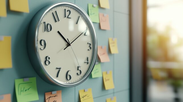 Time blocking techniques for lifelong learning. Silver Analog Clock and Colorful Sticky Notes on Teal Wall