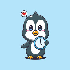 Penguin cartoon vector illustration with clock