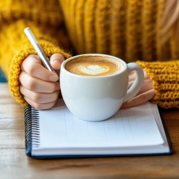 Time blocking techniques for lifelong learning. Woman in Yellow Sweater Writing in Notebook with Latte