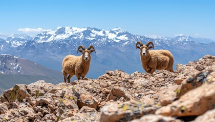 Two wild sheep stand on rocky mountain peak, majestic snow-capped mountains in background
