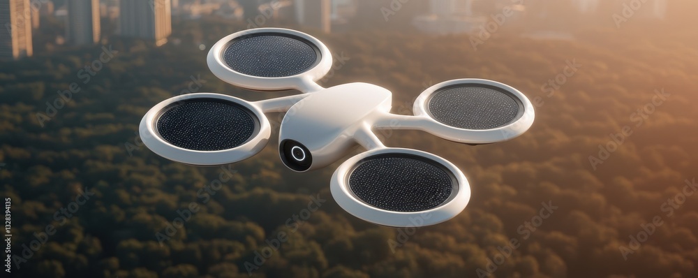Poster a futuristic drone flying over a cityscape, showcasing advanced technology and solar panels against 