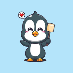 Penguin cartoon vector illustration eating marshmallow