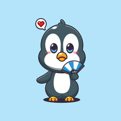 Penguin cartoon vector illustration with hand fan