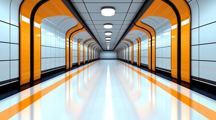 Futuristic Orange And White Hallway With Glossy Floor