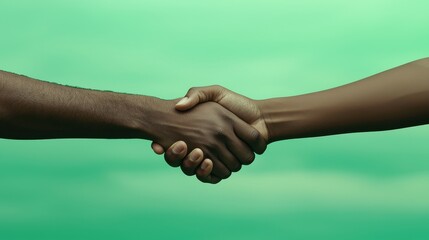 Two hands shaking against a green background, symbolizing agreement, partnership, or friendship.