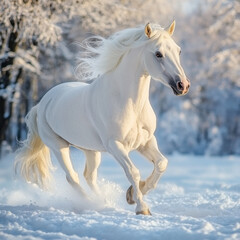 Elegant white stallion running across a snowy field, power and grace, breathtaking winter scene, UHD 8K 