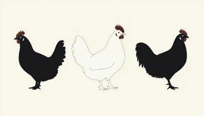 Three chickens, one white, two black, depicted in profile. Simple, clean illustration