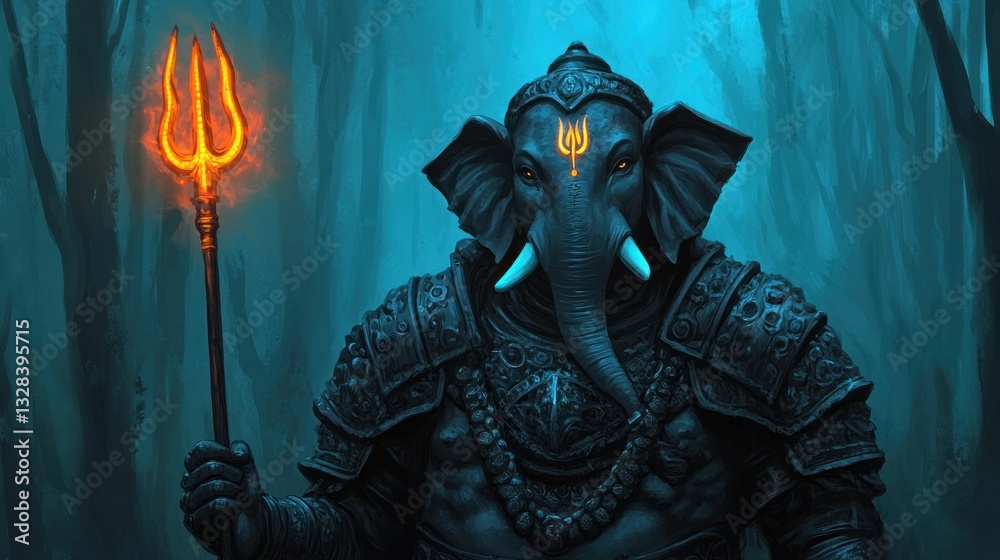 Poster ganesha graphic design style with glowing elements in a mystical forest background