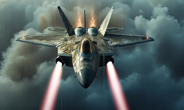 Warplane in Flight Through Stormy Clouds