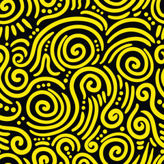 Yellow spiral doodle seamless pattern in black background.