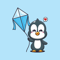 Penguin cartoon vector illustration playing kite
