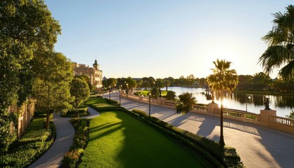 Obraz premium Serene sunrise view of landscaped gardens, walkway, and calm lake near elegant building