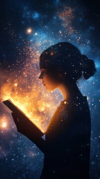 Time blocking techniques for lifelong learning. Young Woman Reading Glowing Book Under Starry Night Sky
