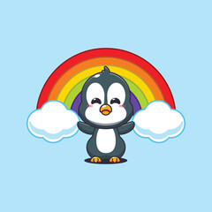 Penguin cartoon vector illustration with rainbow