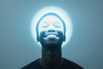 Obraz premium A man whose silhouette is topped by a floating, luminous hologram of a smiling face, illustrating the contrast between outward cheer and inner pain