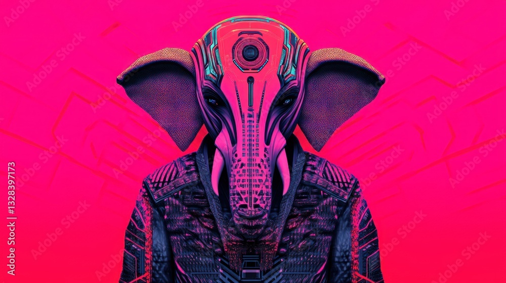 Poster futuristic graphic design of ganesha with vibrant colors and technological elements