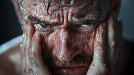 Intense and gritty close up portrait of an elderly man s face conveying a powerful sense of emotional anguish and psychological distress through his somber pensive expression and dramatic