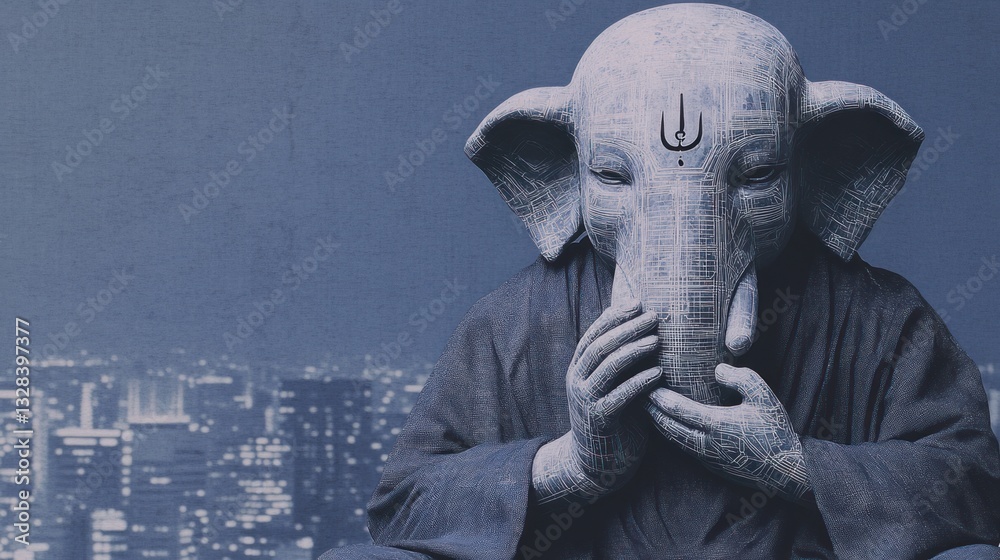Poster futuristic graphic design of ganesha in urban night setting with digital elements