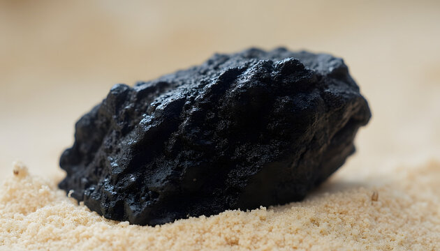 The texture of the rare mineral gagate, with its smooth black surface and luster, against a background of light-colored sand.