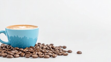 Latte art in a teal mug on roasted coffee beans
