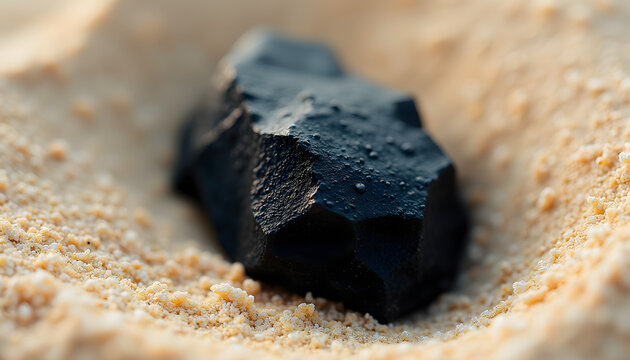 The texture of the rare mineral gagate, with its smooth black surface and luster, against a background of light-colored sand.