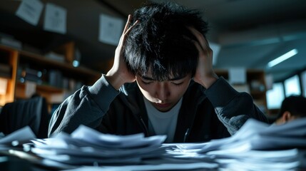 Overwhelmed student buried under papers, hands on head, stressed