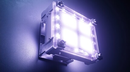 Obraz premium A bright square industrial lamp mounted on a dark wall