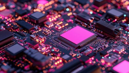 Fototapeta premium Close-up of a circuit board with glowing components and a pink central processor