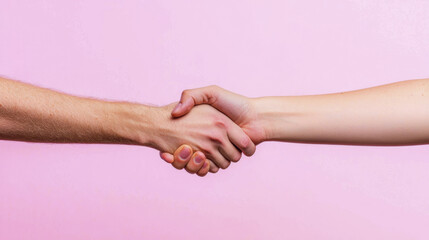 Fototapeta premium Two hands shaking in gesture of friendship and unity against pink background, symbolizing connection and collaboration