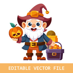 cute gnome pirate. He is dressed in a green pirate uniform with a skull and crossbones hat, holding a cloverleaf flag and standing on a pile of gold coins next to a treasure 