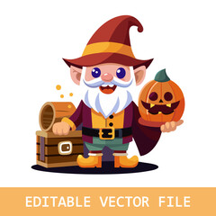 Cute Pirate Gnome Holding Jack-o-Lantern and Treasure Chest for Halloween