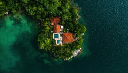 Aerial view of a secluded island estate with lush greenery, a pool, and terracotta-roofed buildings