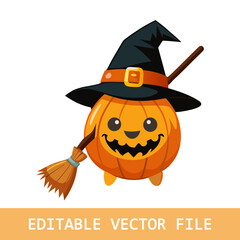 Halloween clipart set with a smiling ghost, a pumpkin with a funny face, a black cat with glowing eyes, and a witch hat decorated