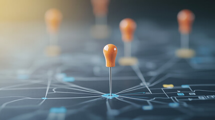 Strategic Destinations: A close-up view of a detailed map adorned with push pins, illustrating key locations and a focused approach to achieving milestones. 