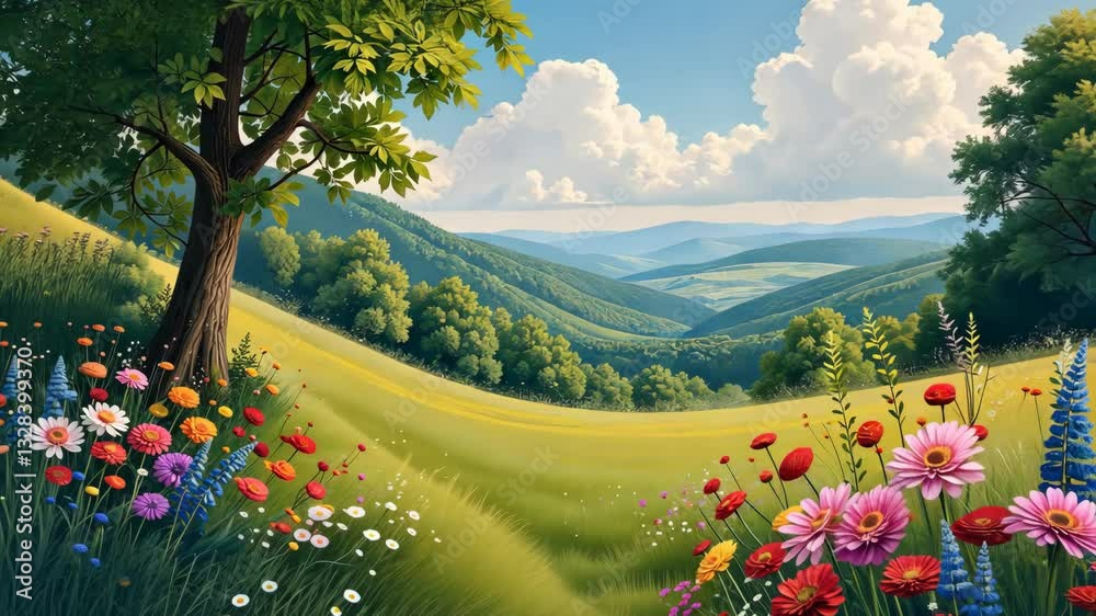Poster a path with a tree and pink flowers. the flowers are in the foreground and the tree is in the backgr