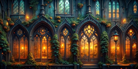 Obraz premium Spooky Halloween Architectural Wallpaper: Tileable Gothic Mansion Background for Autumn Holiday Decorations