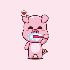 Pig cartoon vector illustration brushing teeth