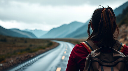 Naklejka premium A woman is standing on a road with a backpack and looking out at the mountains. Concept of adventure and exploration.