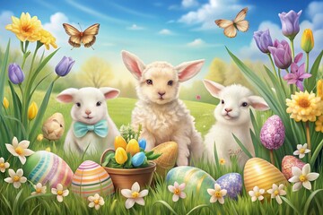 Fototapeta premium Spring Easter Animals & Flowers Landscape: Festive Pastel Colors, Perfect for Cards & Prints