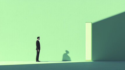 Obraz premium man in suit stands before green wall, contemplating open door casting shadow