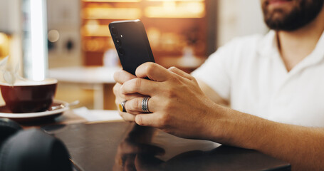 Hands, relax or man in coffee shop with phone for small business review, ratings or hospitality survey. Restaurant menu, online and customer with mobile for lunch break, cafe discount or feedback