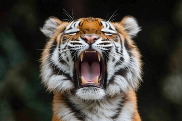 Fototapeta premium Close-up of a tiger's face, mouth wide open in a yawn, revealing sharp teeth. Dark background