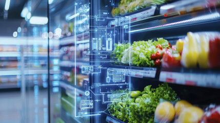 Futuristic AI powered smart retail with digital interface and fresh produce
