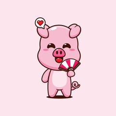 Pig cartoon vector illustration with hand fan