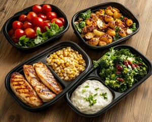 Delicious pre-portioned lunch boxes on rustic farmhouse table home kitchen food photography cozy environment top view meal prep concept