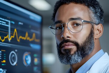 Healthcare professional analyzing patient data on a digital display