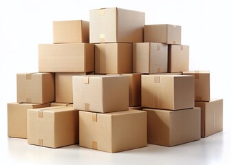 Stacked Cardboard Boxes, High Depth of Field, Isolated on White Background - Stock Photo