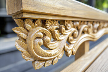 Naklejka premium Intricate wooden carving on bench showcasing detailed craftsmanship and design
