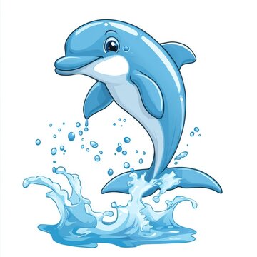A friendly cartoon dolphin is jumping out of the water playfully