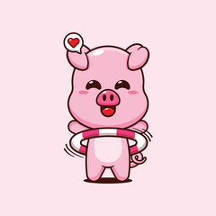 Pig cartoon vector illustration playing hula hoop